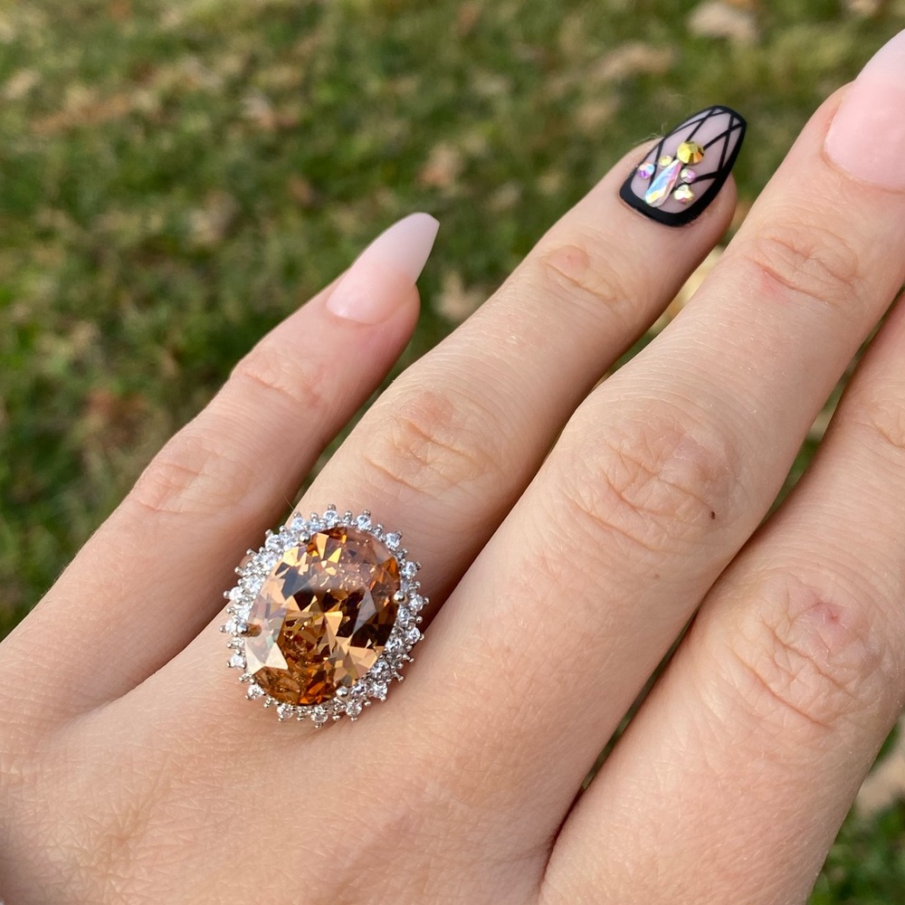 Gorgeous Huge 925 Silver Ring Champagne Crystal - Picture 5 of 15